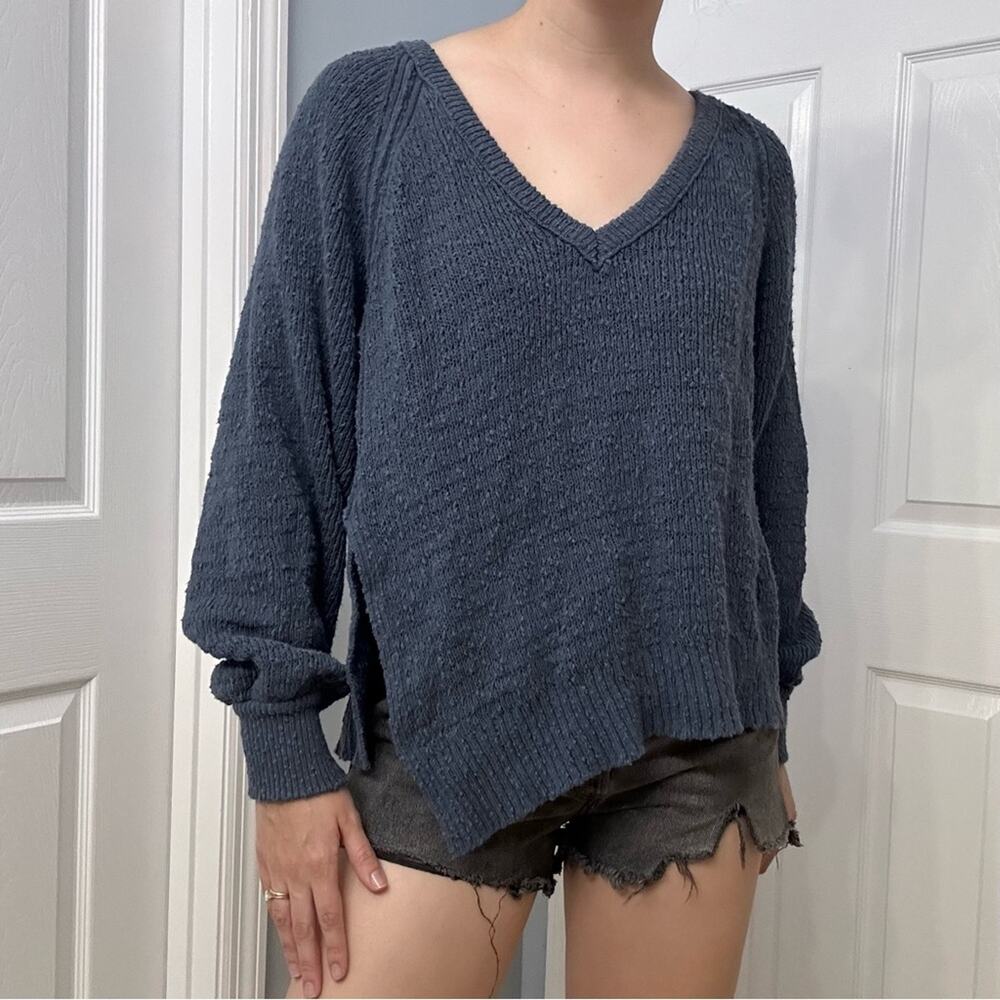 Free People Sweater Asymmetrical Blue Knit Boho Grunge Slouchy Size Extra Small